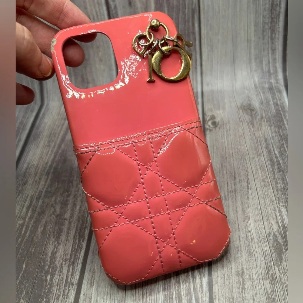 DIOR Lady Dior Lambskin Quilted Leather iPhone 14 Phone Case w/ Logo Charm Pink